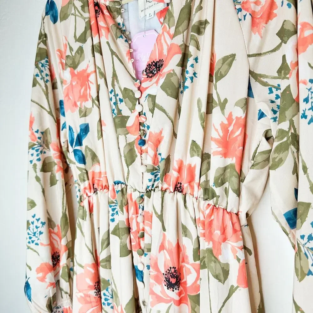 NWT Arthur Jane Claire Ruffle Neck Floral Long Sleeve Button Up Midi Dress Large - Picture 3 of 14